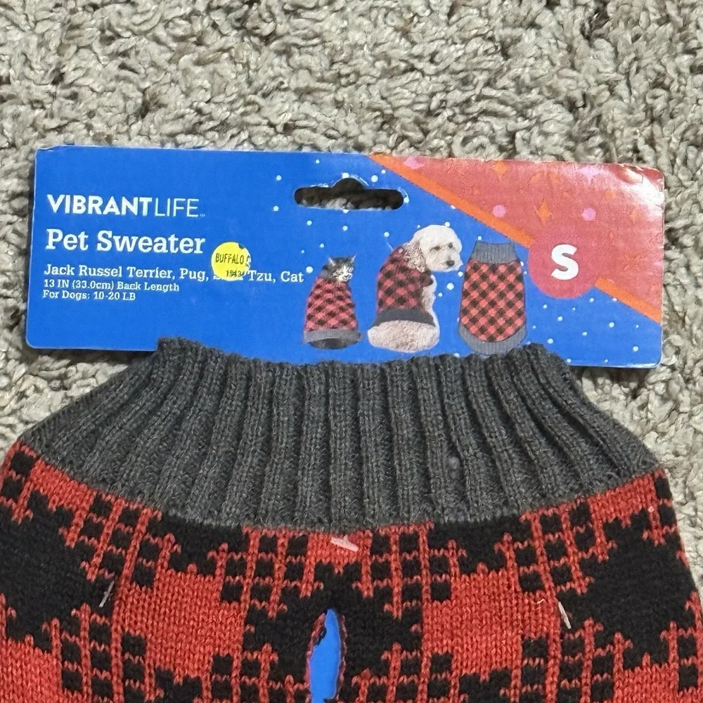 Vibrant‎ Life Dog Cat Buffalo Check Red Pet Sweater Sz SM 10-20Lb Fall Winter